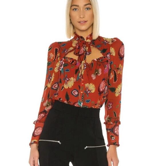 ALEXIS Elodie Pleated Chiffon Blouse Peasant Ruffle Floral Tie Front - Picture 2 of 11